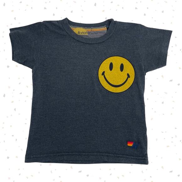 Aviator Nation Smiley Face Short Sleeve Tee Charcoal Navy Unisex Kids Size 2 - Picture 1 of 6